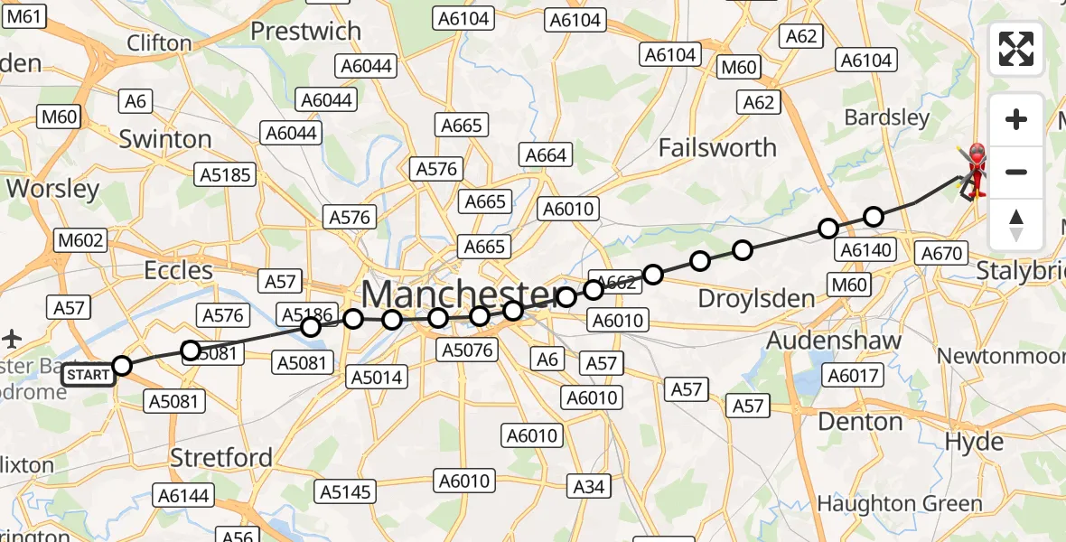Flight route Air Ambulance Helicopter Urmston - Ashton-under-Lyne, 11 August 2026, 12:46