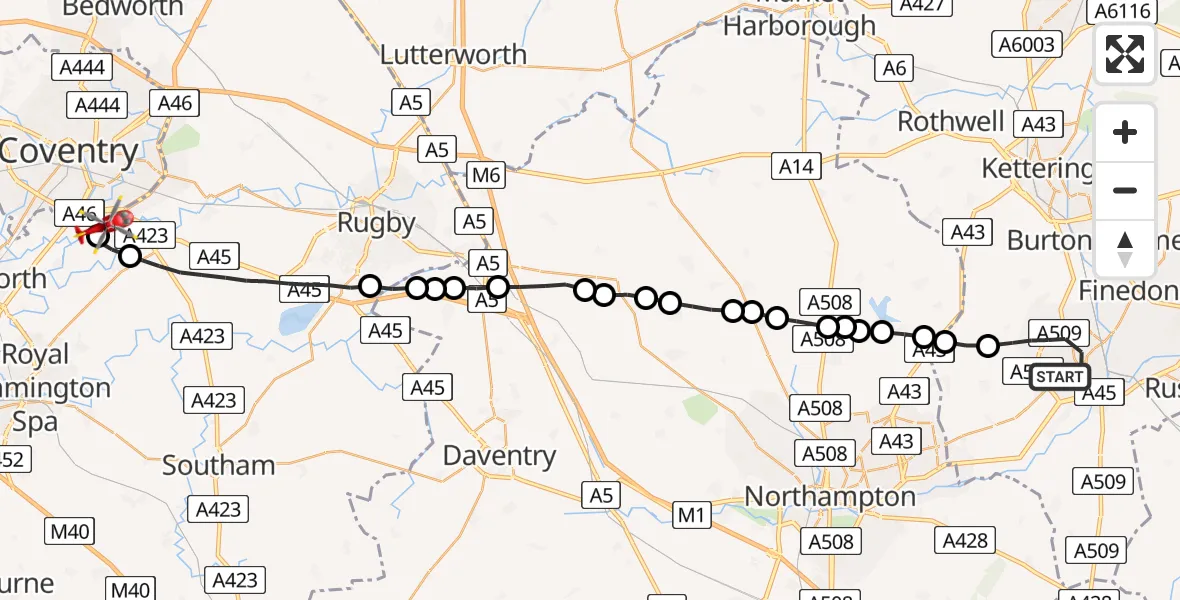 Flight route Air Ambulance Helicopter Wellingborough - Coventry Airport, 11 August 2026, 12:47
