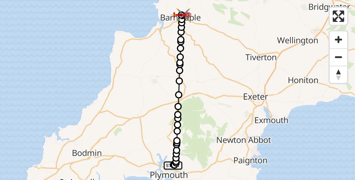 Flight route Air Ambulance Helicopter Derriford Hospital - North Devon Hospital, 11 August 2026, 12:53