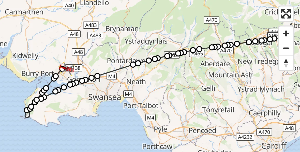Flight route Air Ambulance Helicopter Brynmawr - Dafen, 11 August 2026, 13:07