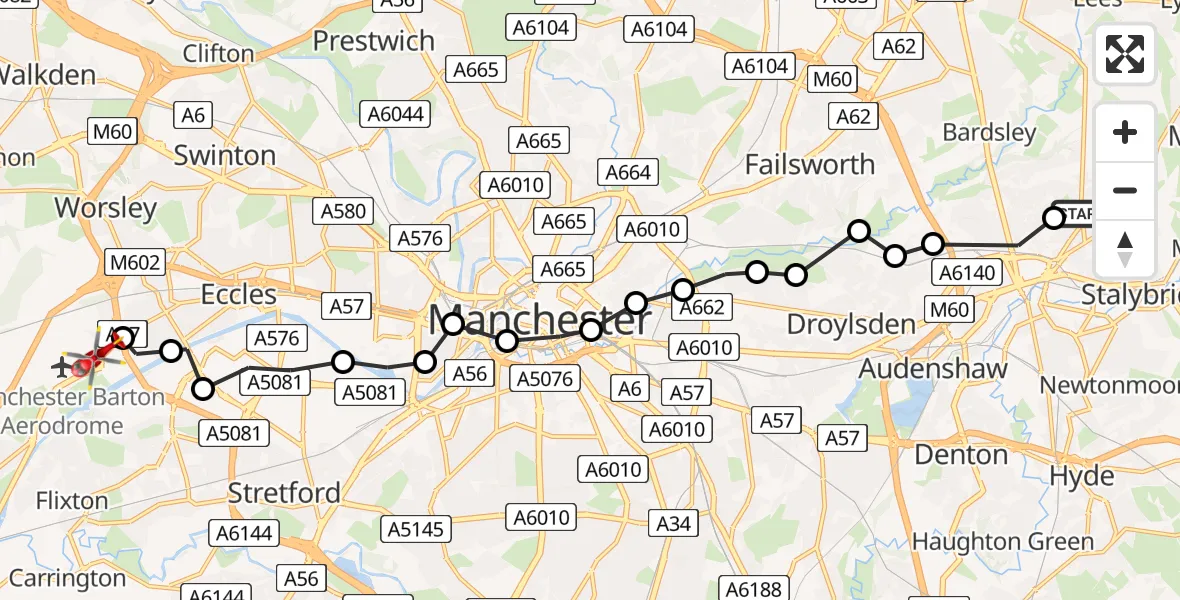 Flight route Air Ambulance Helicopter Ashton-under-Lyne - Irlam, 11 August 2026, 13:09
