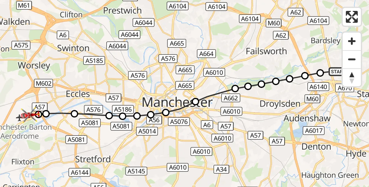 Flight route Air Ambulance Helicopter Ashton-under-Lyne - Irlam, 11 August 2026, 13:09