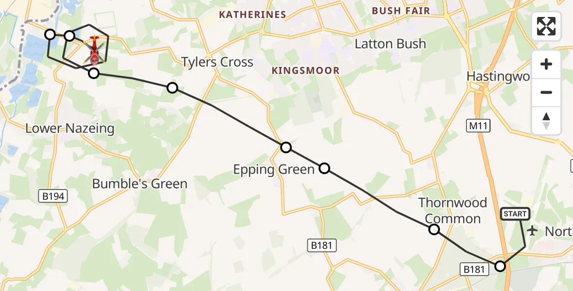 Flight route Air Ambulance Helicopter North Weald Airfield - Epping Forest, 11 August 2026, 13:10