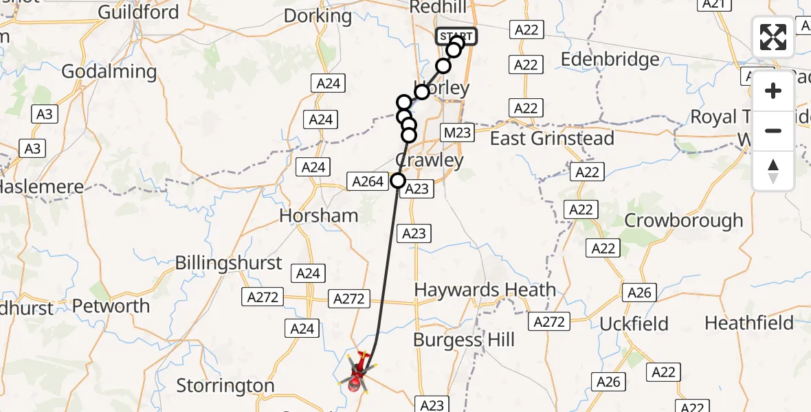 Flight route Air Ambulance Helicopter Redhill Aerodrome - Horsham, 11 August 2026, 13:12