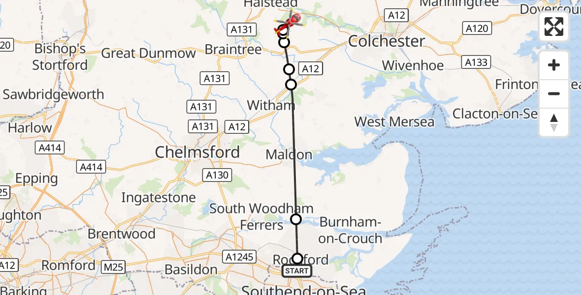 Flight route Air Ambulance Helicopter London Southend Airport - Braintree, 11 August 2026, 13:12