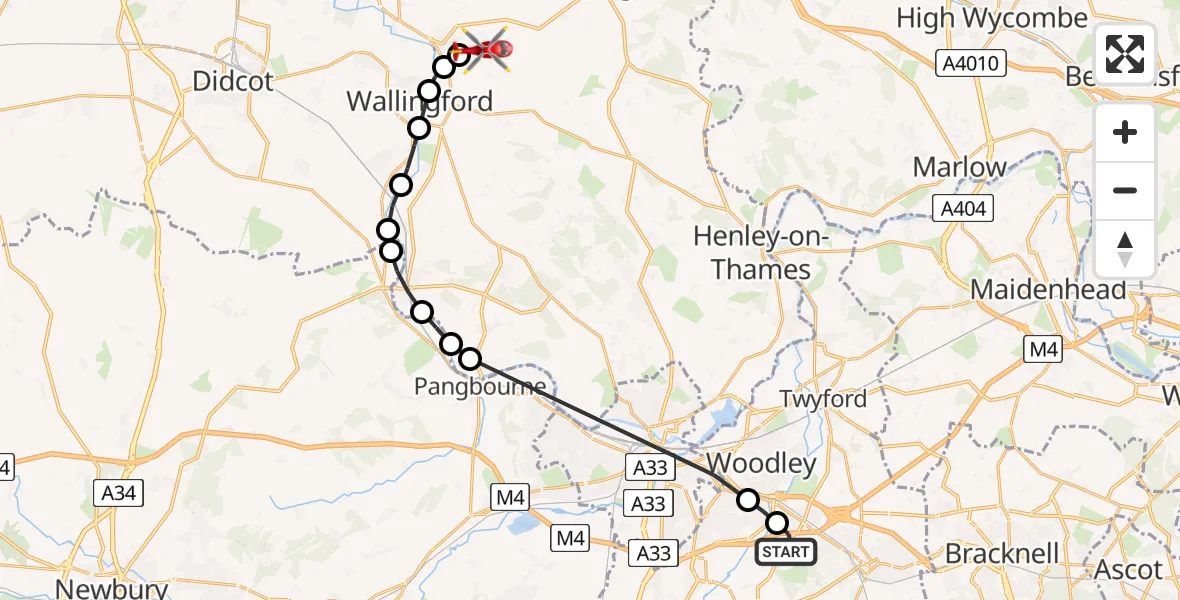 Flight route Air Ambulance Helicopter Sindlesham - RAF Benson, 11 August 2026, 13:15