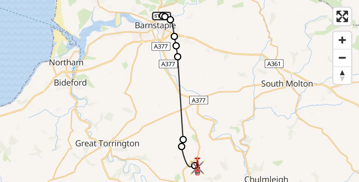 Flight route Air Ambulance Helicopter North Devon Hospital - Eaglescott Airfield, 11 August 2026, 13:17