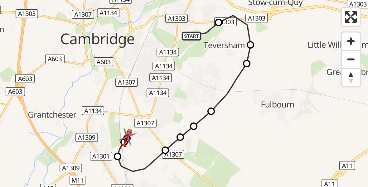 Flight route Air Ambulance Helicopter Cambridge City Airport - Papworth Hospital, 11 August 2026, 13:17