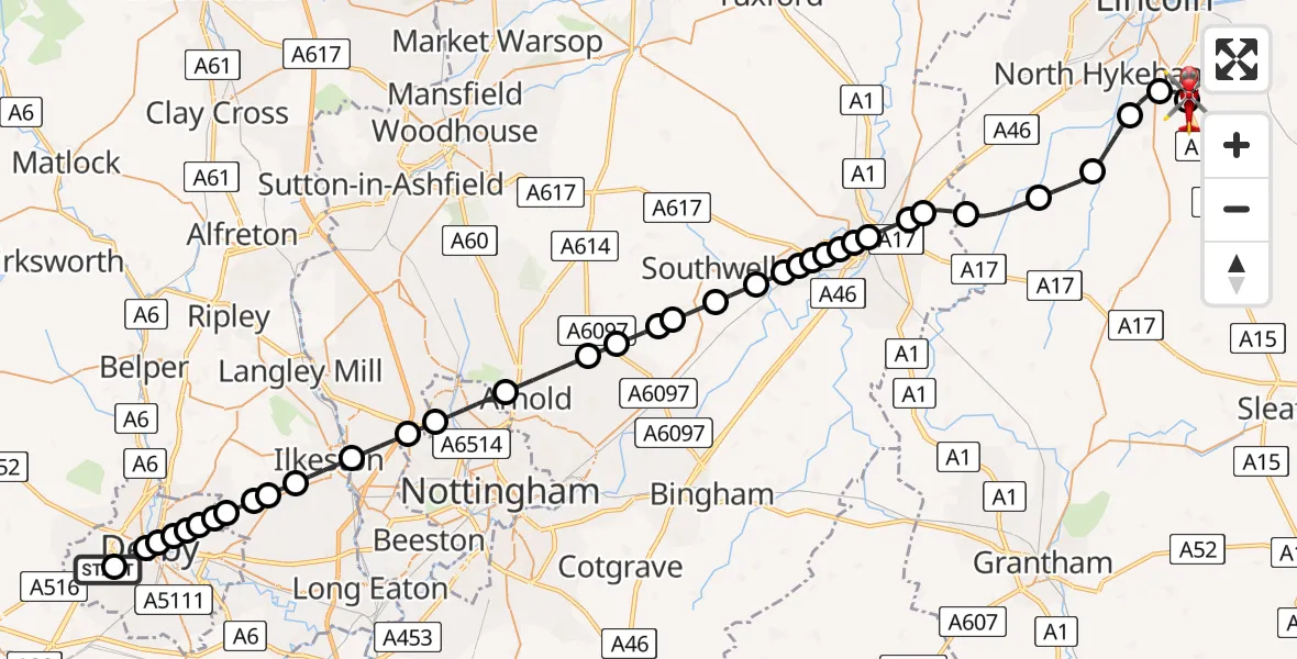 Flight route Air Ambulance Helicopter Royal Derby Trauma Unit - North Kesteven, 11 August 2026, 13:22