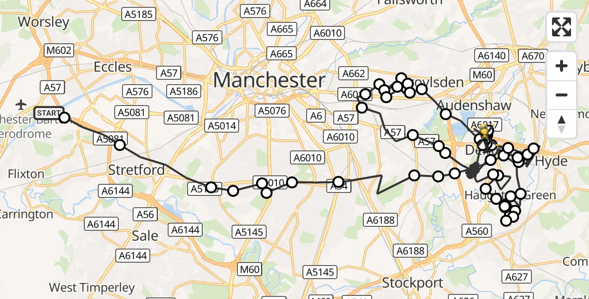 Flight route Police Helicopter Eccles - Denton, 11 August 2026, 13:27
