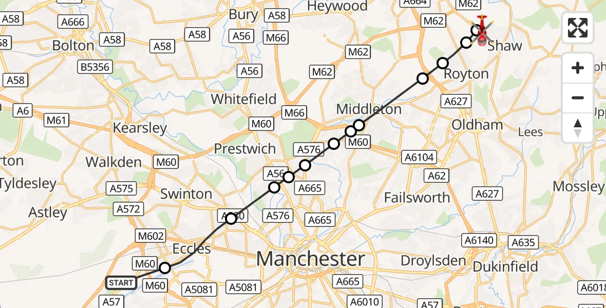 Flight route Air Ambulance Helicopter Manchester Barton Aerodrome - Shaw, 11 August 2026, 13:31
