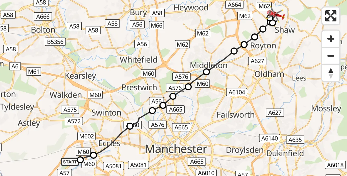 Flight route Air Ambulance Helicopter Manchester Barton Aerodrome - Shaw, 11 August 2026, 13:31
