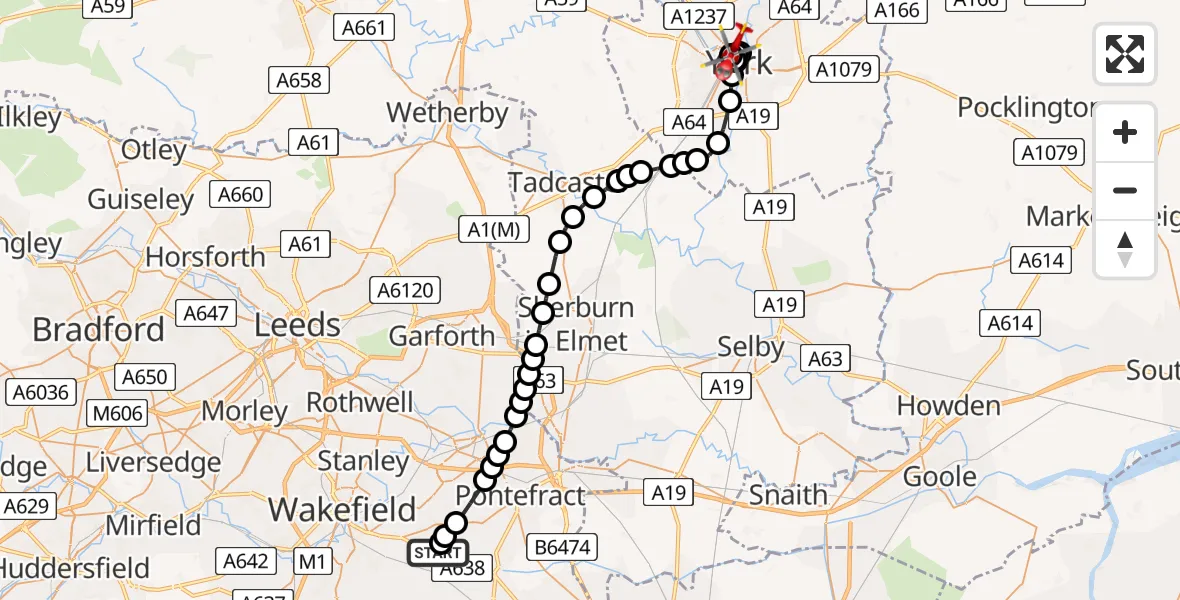 Flight route Air Ambulance Helicopter YAA Nostell Helicopter Port - Clifton, 11 August 2026, 13:34