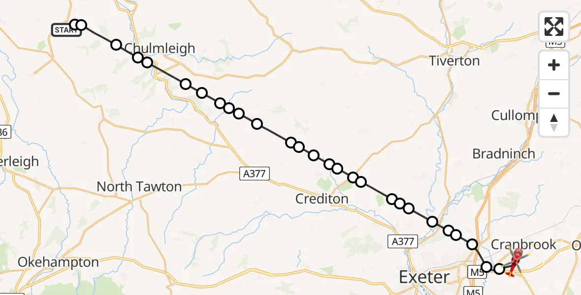 Flight route Air Ambulance Helicopter Eaglescott Airfield - Exeter International Airport, 11 August 2026, 13:37
