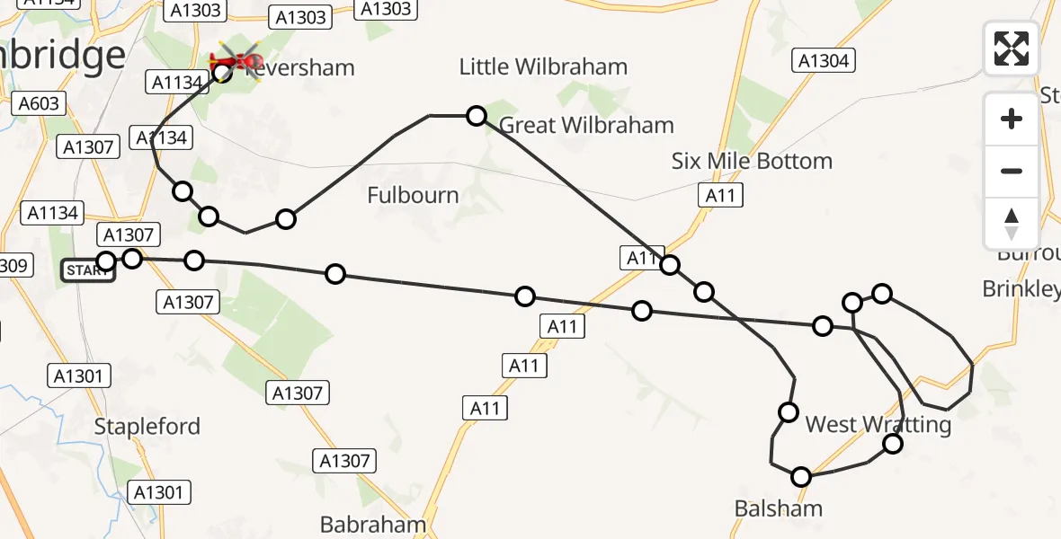 Flight route Air Ambulance Helicopter Papworth Hospital - Cambridge City Airport, 11 August 2026, 13:37