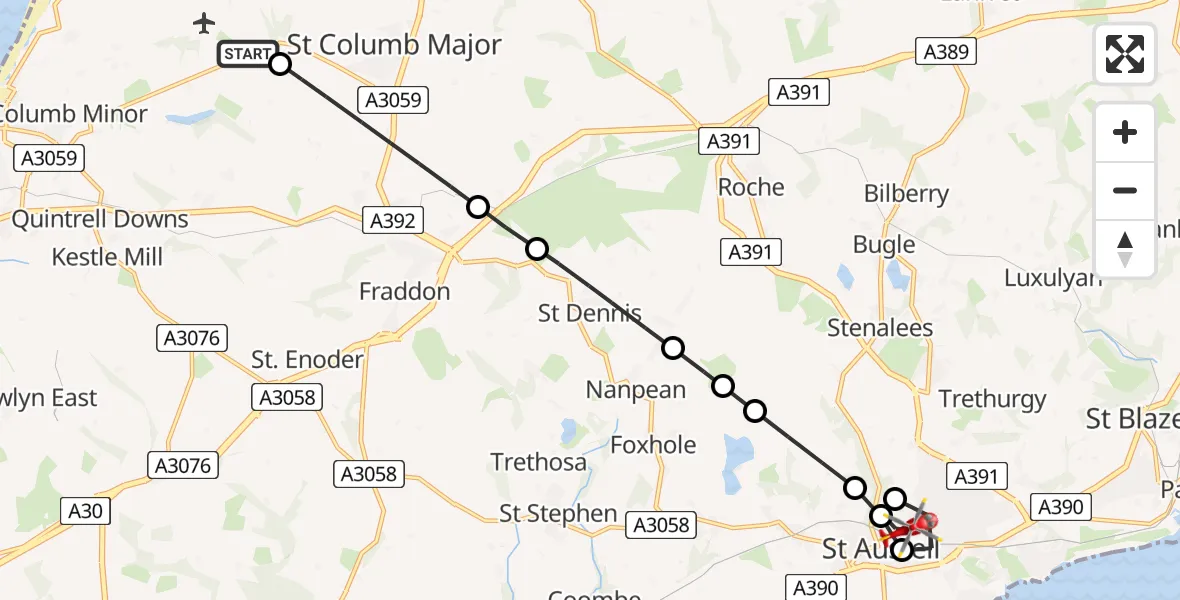 Flight route Air Ambulance Helicopter Cornwall Airport Newquay - Treverbyn, 11 August 2026, 14:03