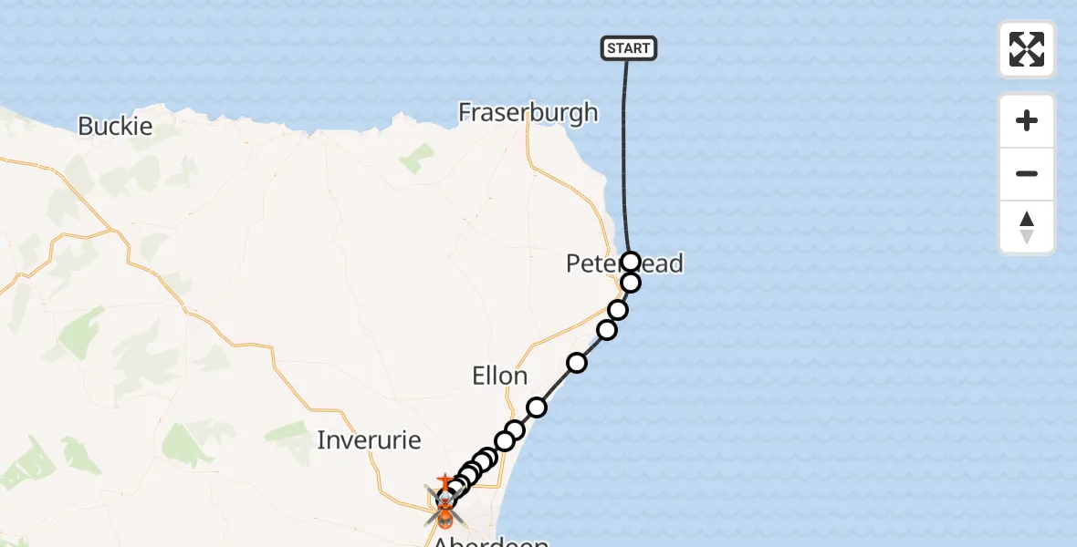 Flight route Coastguard Helicopter North Sea - Aberdeen International Airport, 11 August 2026, 14:05