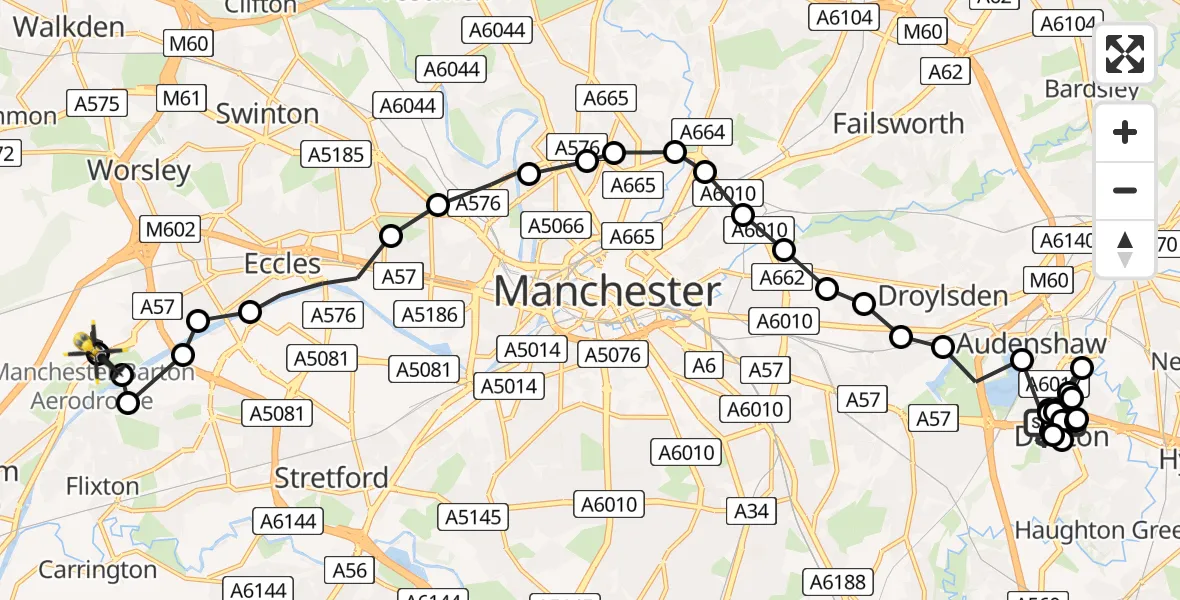 Flight route Police Helicopter Denton - Manchester Barton Aerodrome, 11 August 2026, 14:06