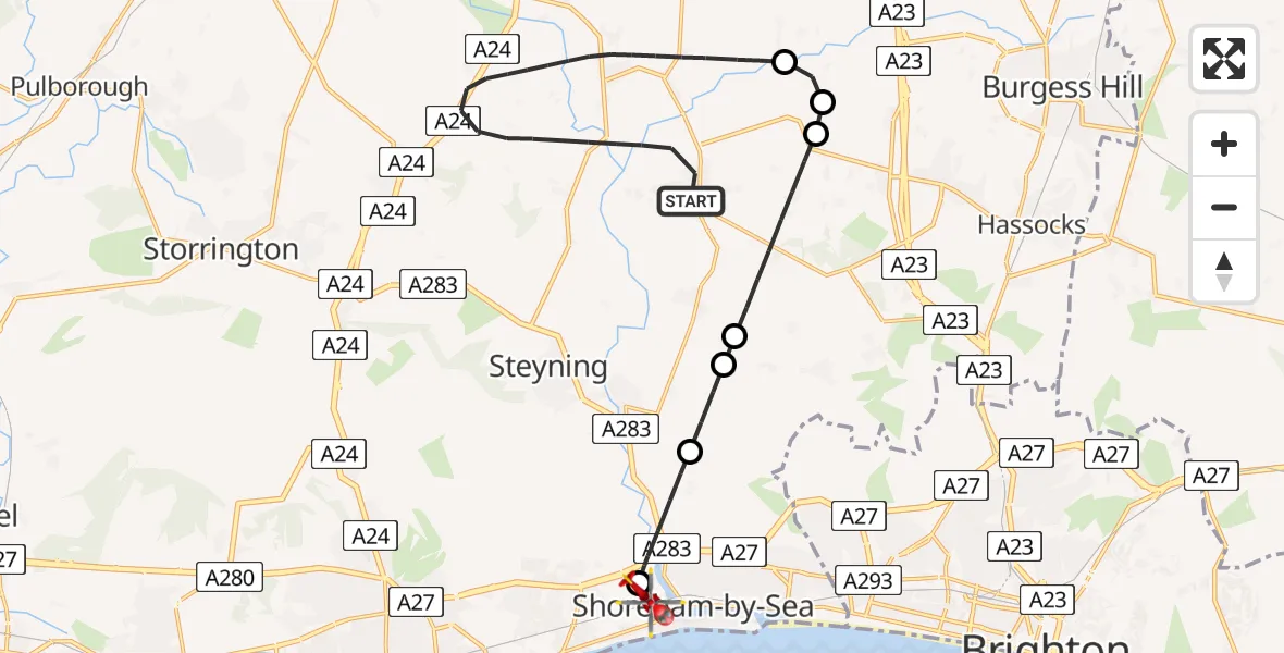 Flight route Air Ambulance Helicopter Horsham - Brighton City Airport, 11 August 2026, 14:10