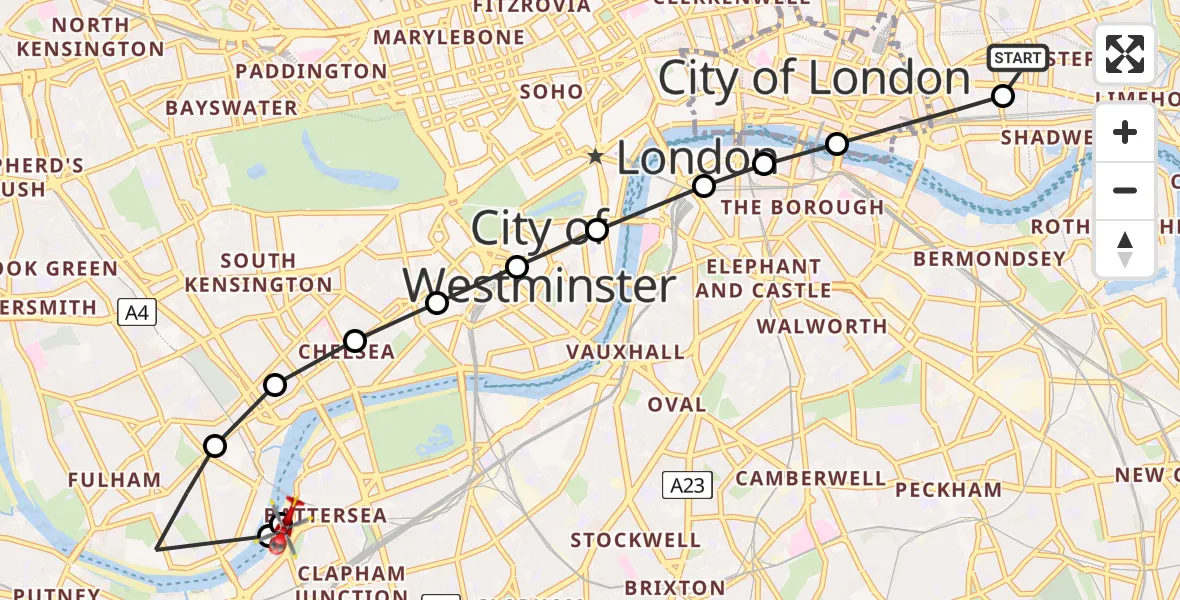 Flight route Air Ambulance Helicopter Royal London Hospital - London Heliport, 11 August 2026, 14:24