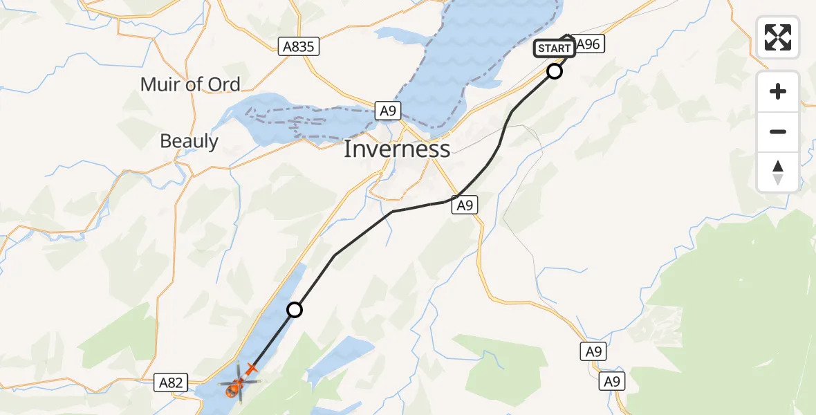 Flight route Coastguard Helicopter Inverness Airport - Loch Ness, 11 August 2026, 14:25
