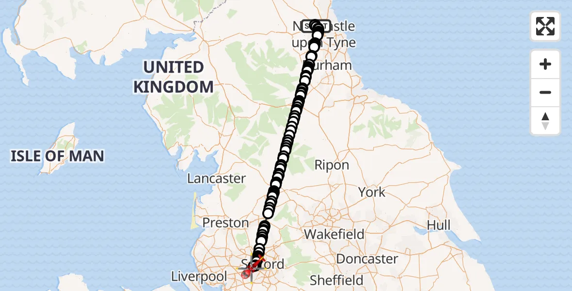 Flight route Air Ambulance Helicopter Newcastle International Airport - Manchester Barton Aerodrome, 11 August 2026, 14:27