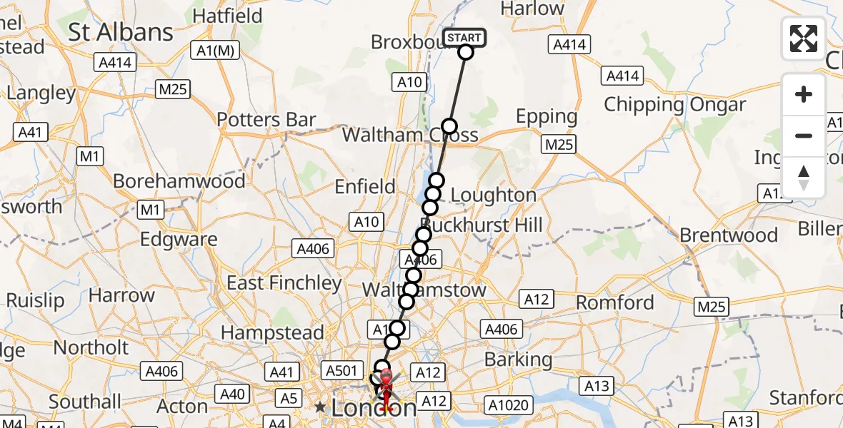 Flight route Air Ambulance Helicopter Epping Forest - Royal London Hospital, 11 August 2026, 14:31
