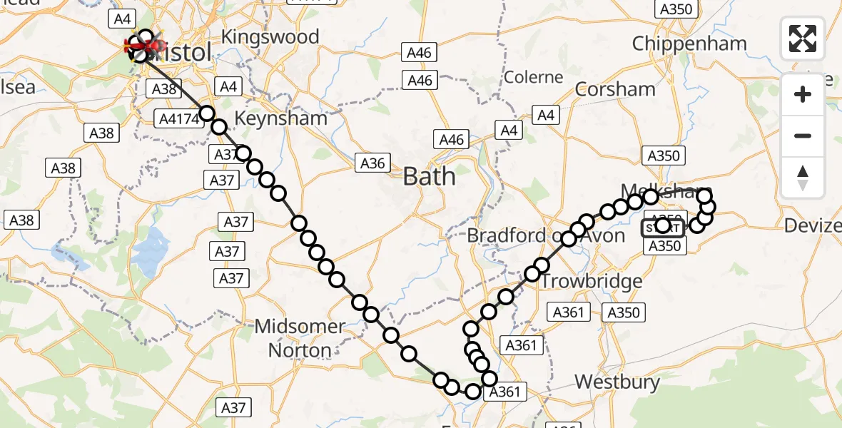 Flight route Air Ambulance Helicopter Wiltshire Air Ambulance - Leigh Woods, 11 August 2026, 14:34