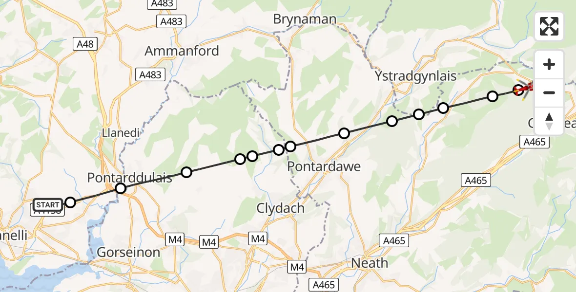 Flight route Air Ambulance Helicopter Dafen - Banwen, 11 August 2026, 14:39