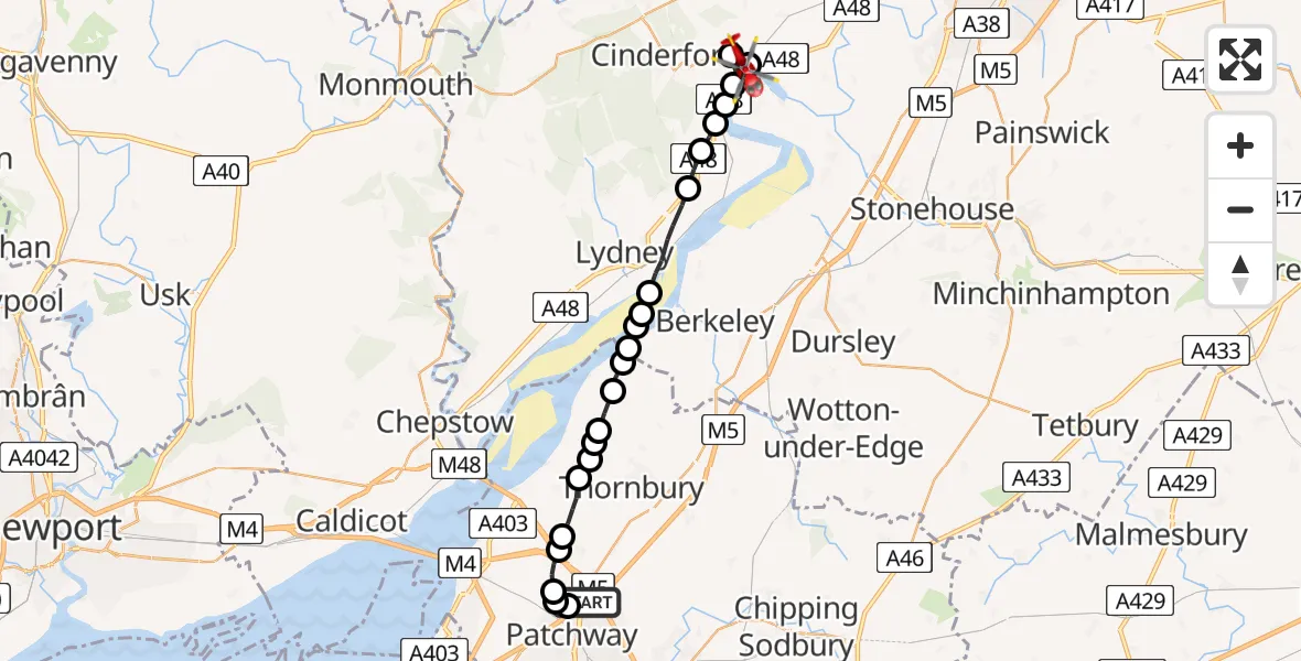 Flight route Air Ambulance Helicopter Almondsbury Helicopter Base - Newnham on Severn, 11 August 2026, 14:40
