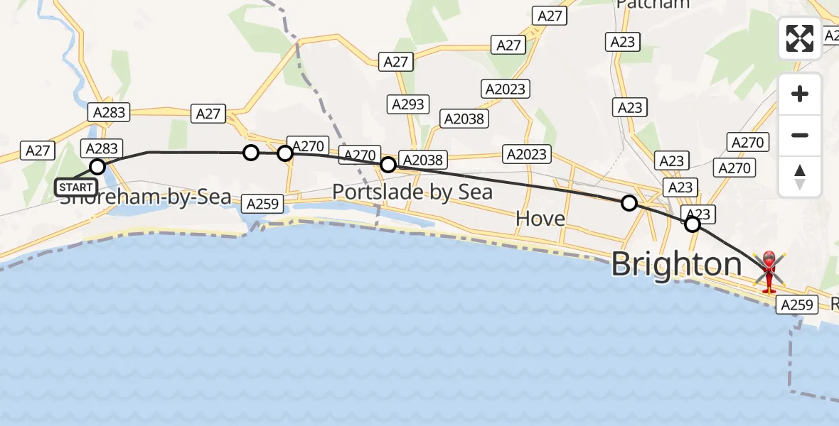 Flight route Air Ambulance Helicopter Brighton City Airport - Brighton, 11 August 2026, 14:40