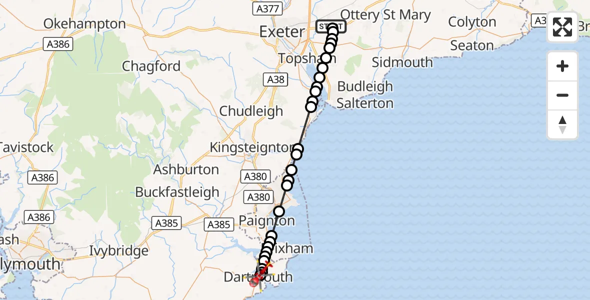 Flight route Air Ambulance Helicopter Exeter International Airport - Dartmouth, 11 August 2026, 14:41