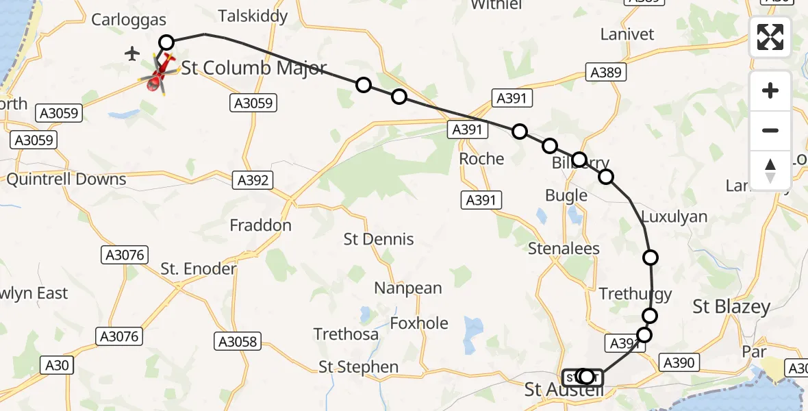 Flight route Air Ambulance Helicopter St. Austell - Cornwall Airport Newquay, 11 August 2026, 14:48