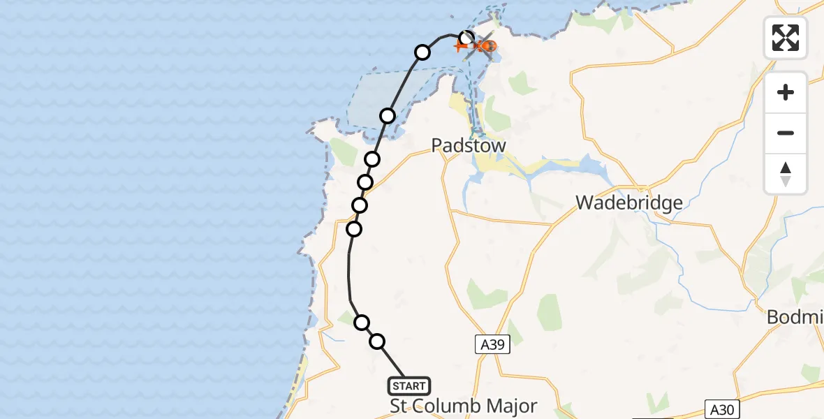 Flight route Coastguard Helicopter Cornwall Airport Newquay - New Polzeath, 11 August 2026, 14:52