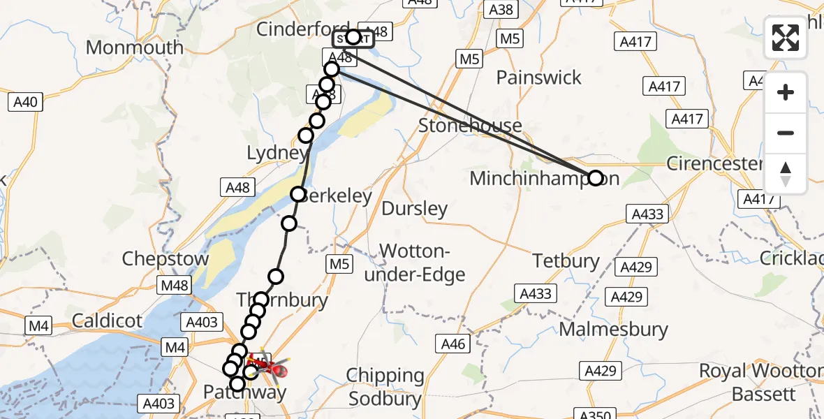 Flight route Air Ambulance Helicopter Westbury-on-Severn - Bristol, 11 August 2026, 14:52