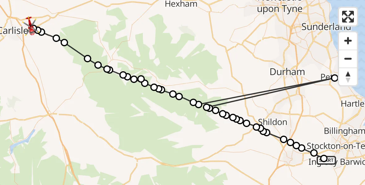 Flight route Air Ambulance Helicopter Egglescliffe - Warwick-on-Eden, 11 August 2026, 15:05