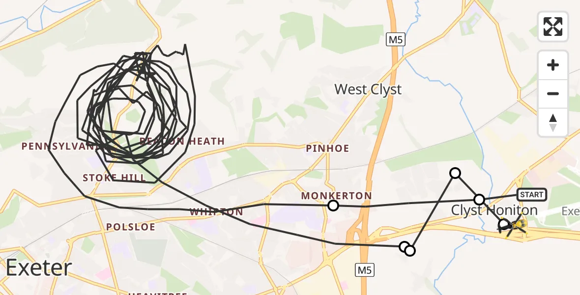 Flight route Police Helicopter Exeter International Airport - Clyst Honiton, 11 August 2026, 15:18