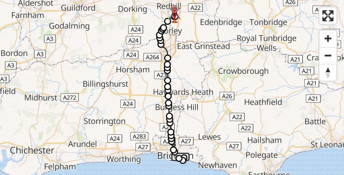 Flight route Air Ambulance Helicopter Brighton - Redhill Aerodrome, 11 August 2026, 15:21