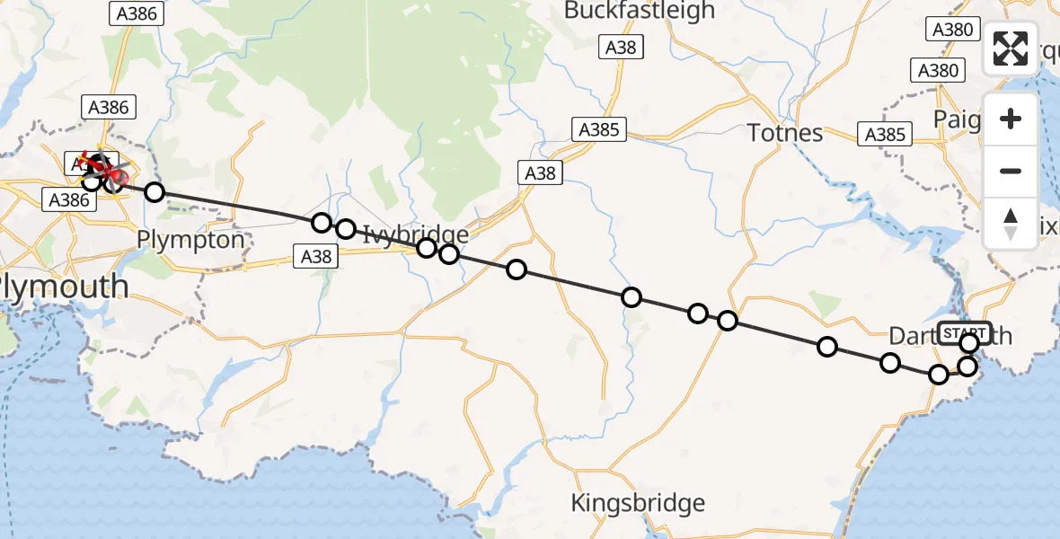 Flight route Air Ambulance Helicopter Dartmouth - Derriford Hospital, 11 August 2026, 15:23