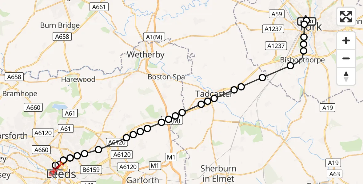 Flight route Air Ambulance Helicopter Bishophill - Hyde Park, 11 August 2026, 15:25