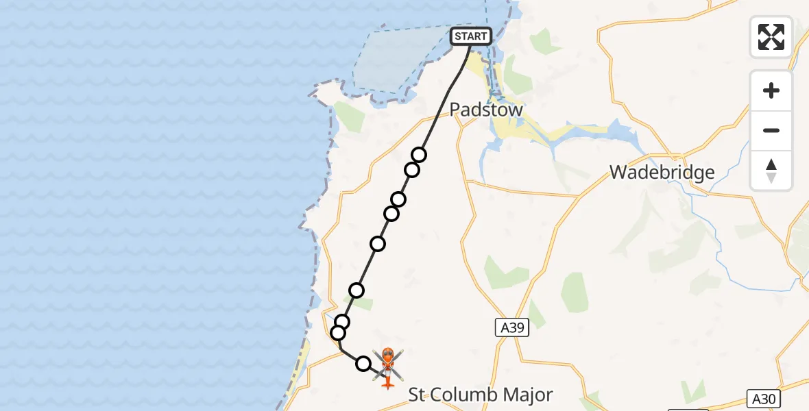Flight route Coastguard Helicopter Padstow - Cornwall Airport Newquay, 11 August 2026, 15:28