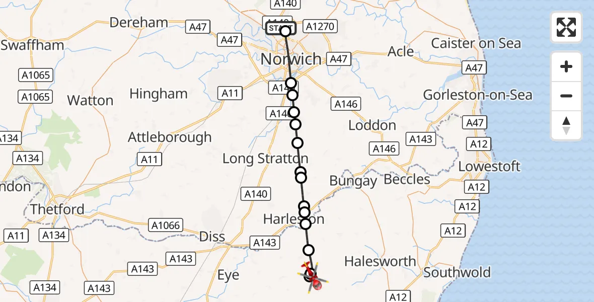 Flight route Air Ambulance Helicopter Norwich Airport - Fressingfield, 11 August 2026, 15:31