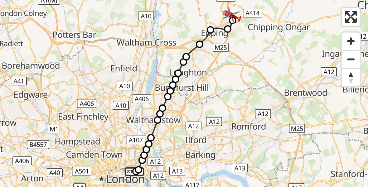 Flight route Air Ambulance Helicopter Royal London Hospital - North Weald Airfield, 11 August 2026, 15:34