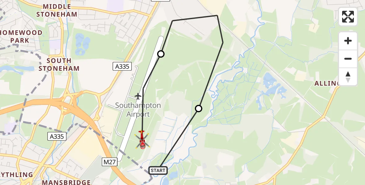 Flight route Air Ambulance Helicopter Southampton Airport - Southampton Airport, 11 August 2026, 15:36