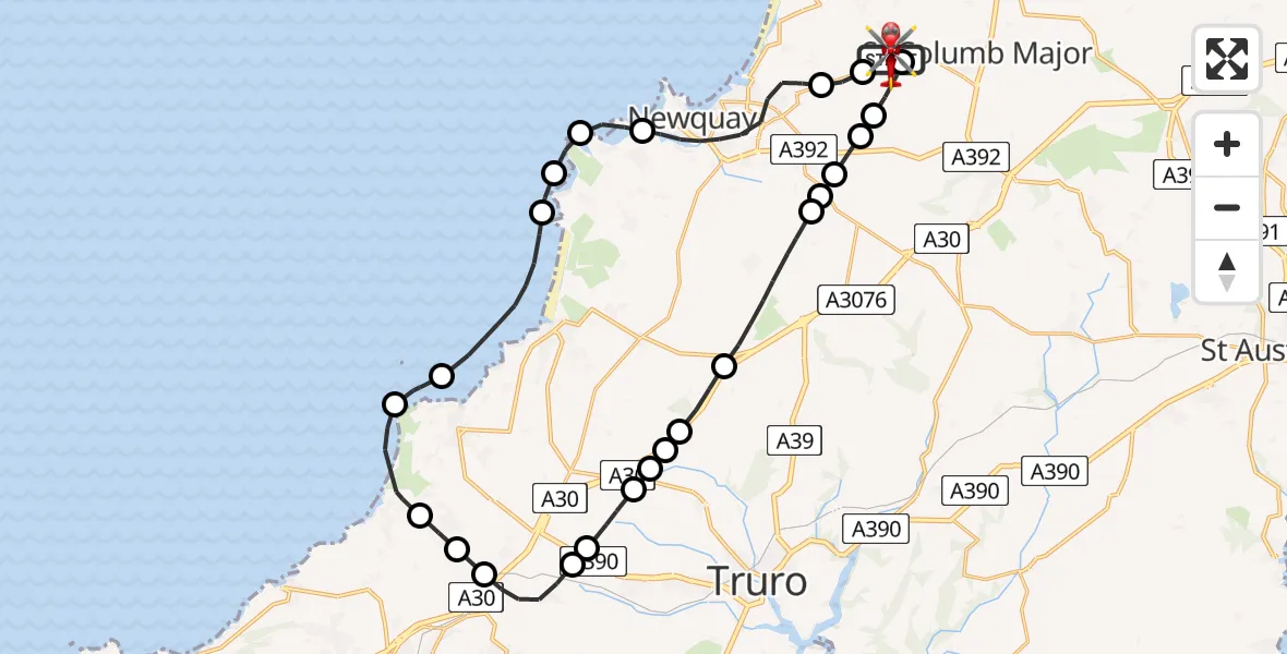 Flight route Air Ambulance Helicopter Cornwall Airport Newquay - Cornwall Airport Newquay, 11 August 2026, 15:36