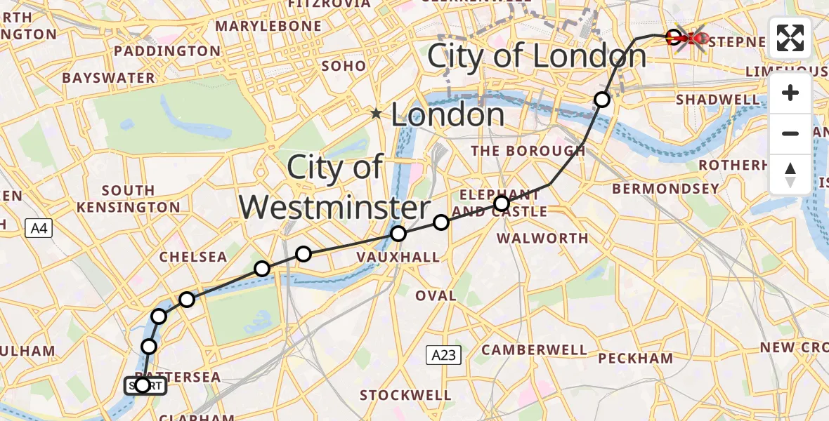 Flight route Air Ambulance Helicopter London Heliport - Royal London Hospital, 11 August 2026, 15:42