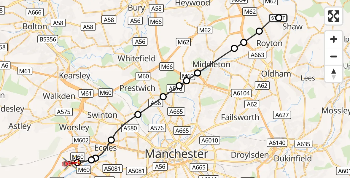 Flight route Air Ambulance Helicopter Oldham - Irlam, 11 August 2026, 15:45