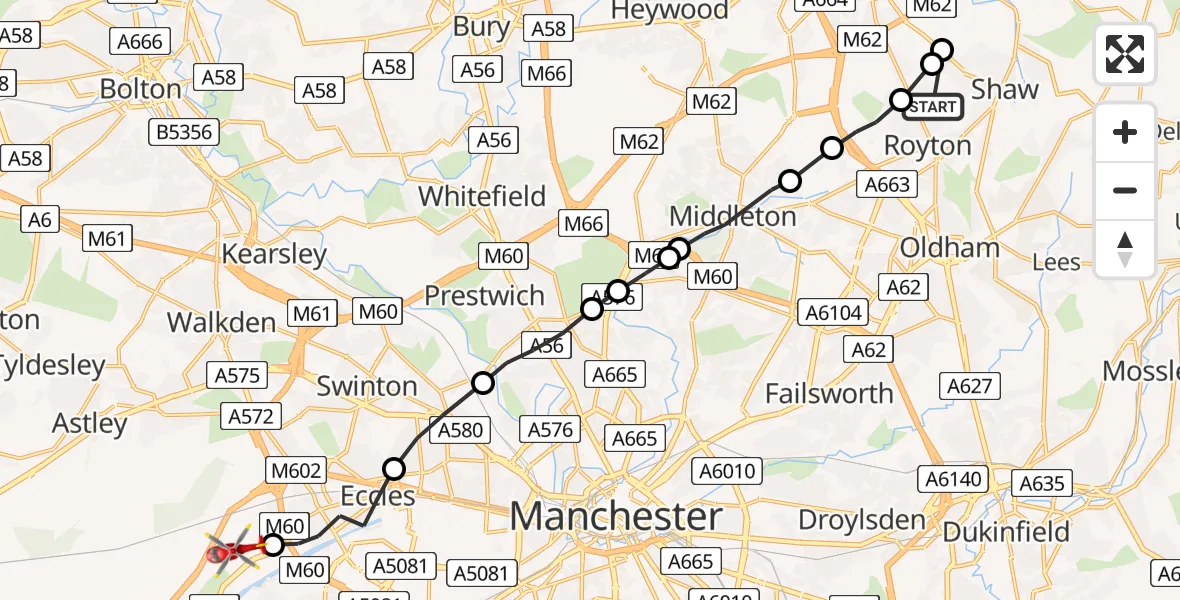 Flight route Air Ambulance Helicopter Royton - Manchester Barton Aerodrome, 11 August 2026, 15:45