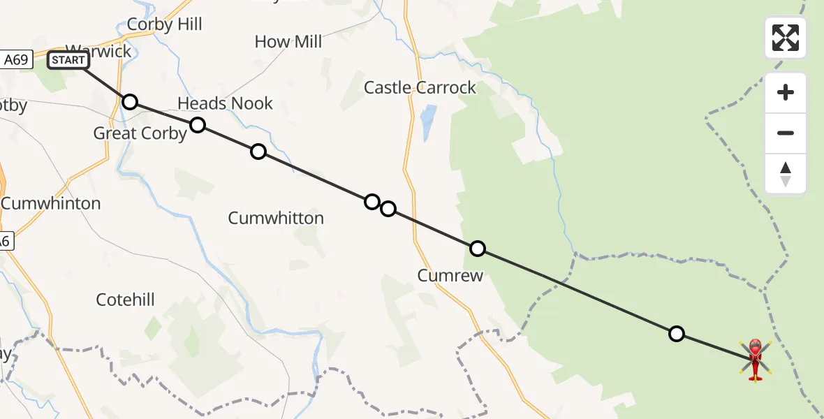 Flight route Air Ambulance Helicopter Warwick - Ainstable, 11 August 2026, 16:02