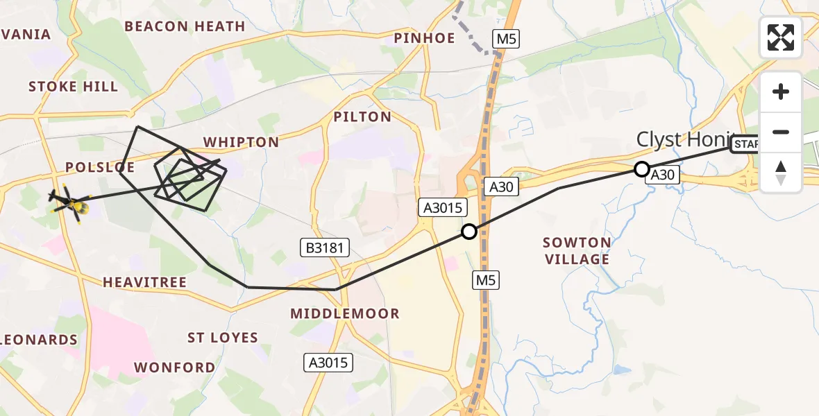 Flight route Police Helicopter Exeter International Airport - Exeter, 11 August 2026, 16:05
